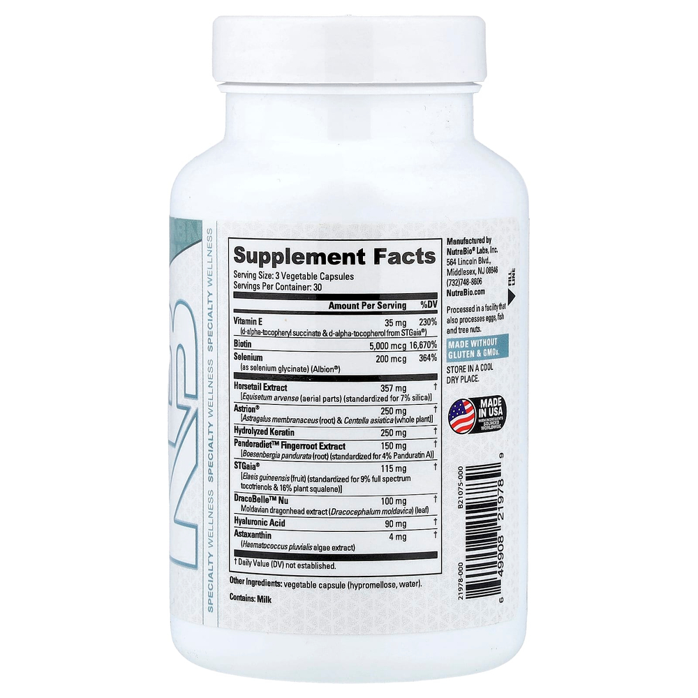 NutraBio, волосы, кожа и ногти, 90 капсул