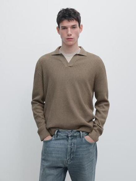 Massimo Dutti Трикотажный свитер из смесового хлопка с воротником-поло, хаки