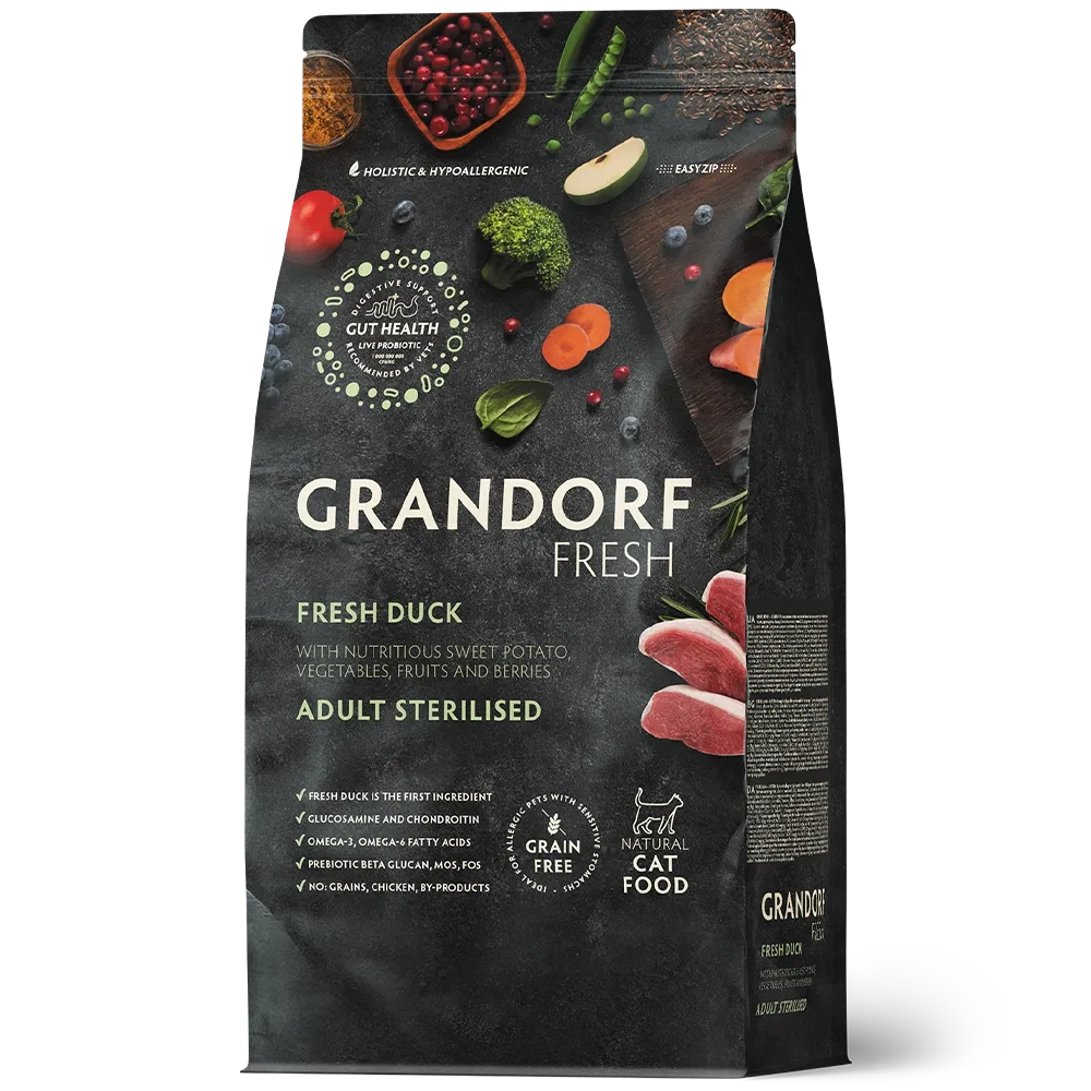 Сухой корм GRANDORF FRESH CAT Duck STERILISED беззерновой, утка с бататом для стерилизованных кошек, диетическая формула для особо аллергичных кошек 2кг