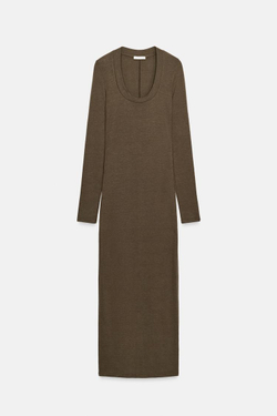 ZARA ДЛИННОЕ ПЛАТЬЕ С ВОРОТНИКОМ-СТОЙКОЙ, ТЕМНЫЙ ХАКИ