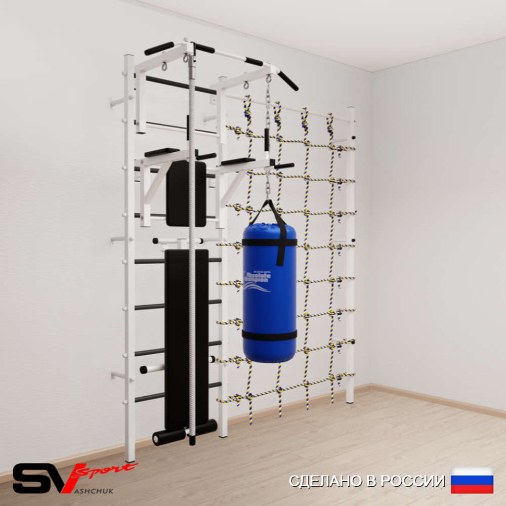 Шведская стенка Sv Sport усиленная 68030 (Турник стандарт/Брусья/Скамья/Канат/Цепь/Мешок 30кг/Канатный лаз)