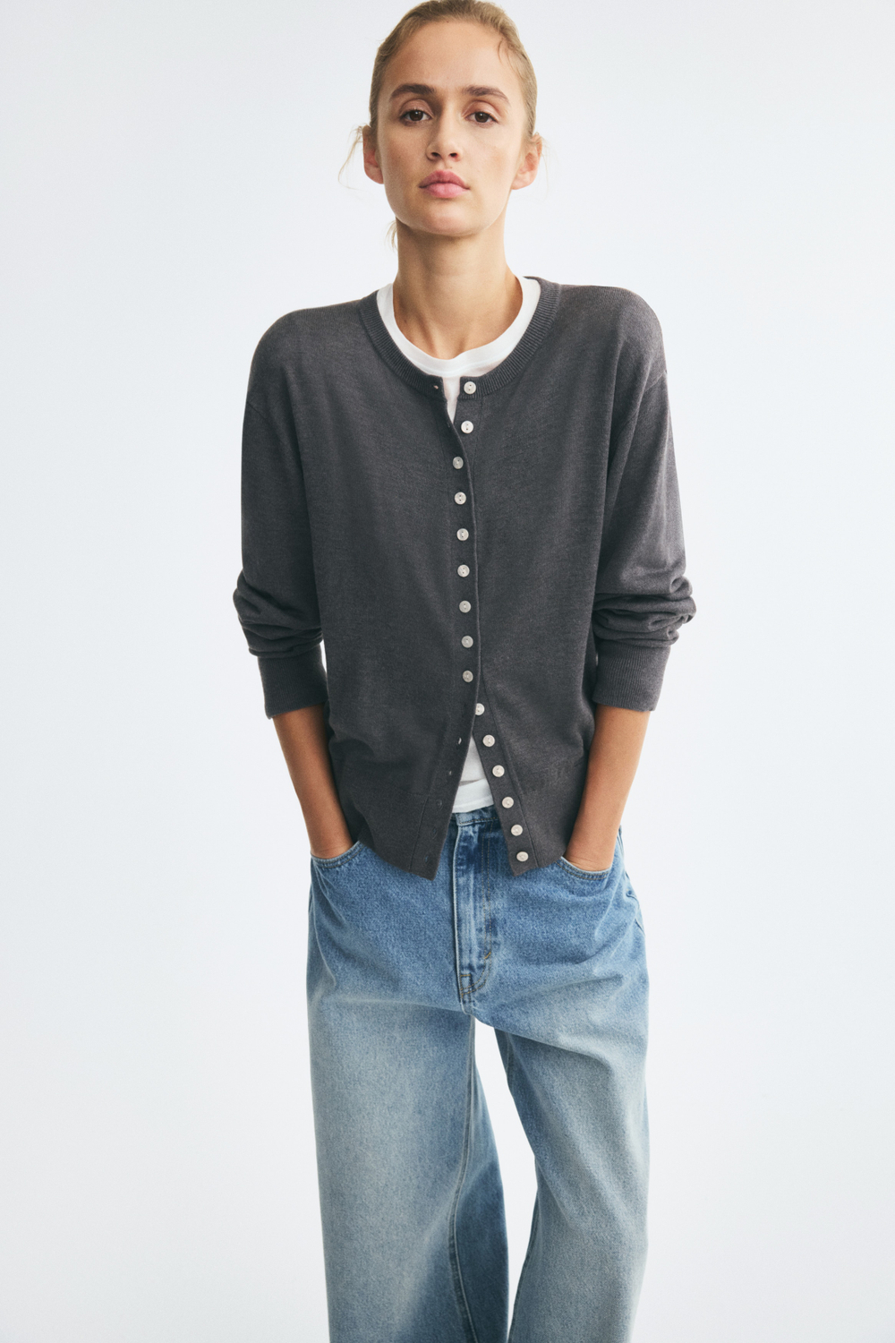 Тонкий трикотажный кардиган — Тёмно-серый меланж - H&M