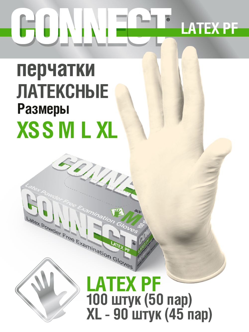 Перчатки медицинские смотровые (диагностические) нестерильные латексные CONNECT® LATEX, 50 пар