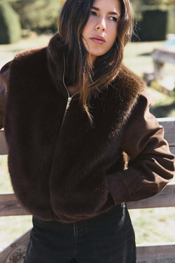 ZARA КОМБИНИРОВАННАЯ КУРТКА ИЗ ИСКУССТВЕННОГО МЕХА, КОРИЧНЕВЫЙ