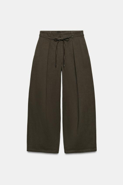 ZARA ШИРОКИЕ БРЮКИ С ЗАЩИПАМИ И РЕМНЕМ, СЕРО-КОРИЧНЕВЫЙ