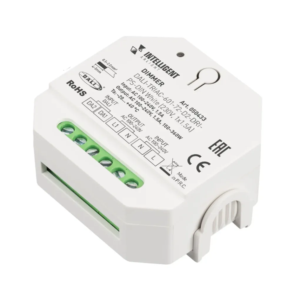 INTELLIGENT ARLIGHT Диммер DALI-TRIAC-601-72-D2-DRI-PS-DIN White (230V, 1x1.5A) (IARL, IP20 Пластик, 5 лет)