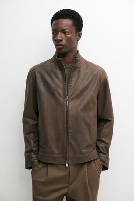 Massimo Dutti Куртка из кожи наппа с воротником, хаки