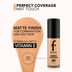 flormar Perfect Coverage Mat Touch Foundation - Матирующий тональный крем для жирной и комбинированной кожи оттенок 303 Classic Beige, 30 ml