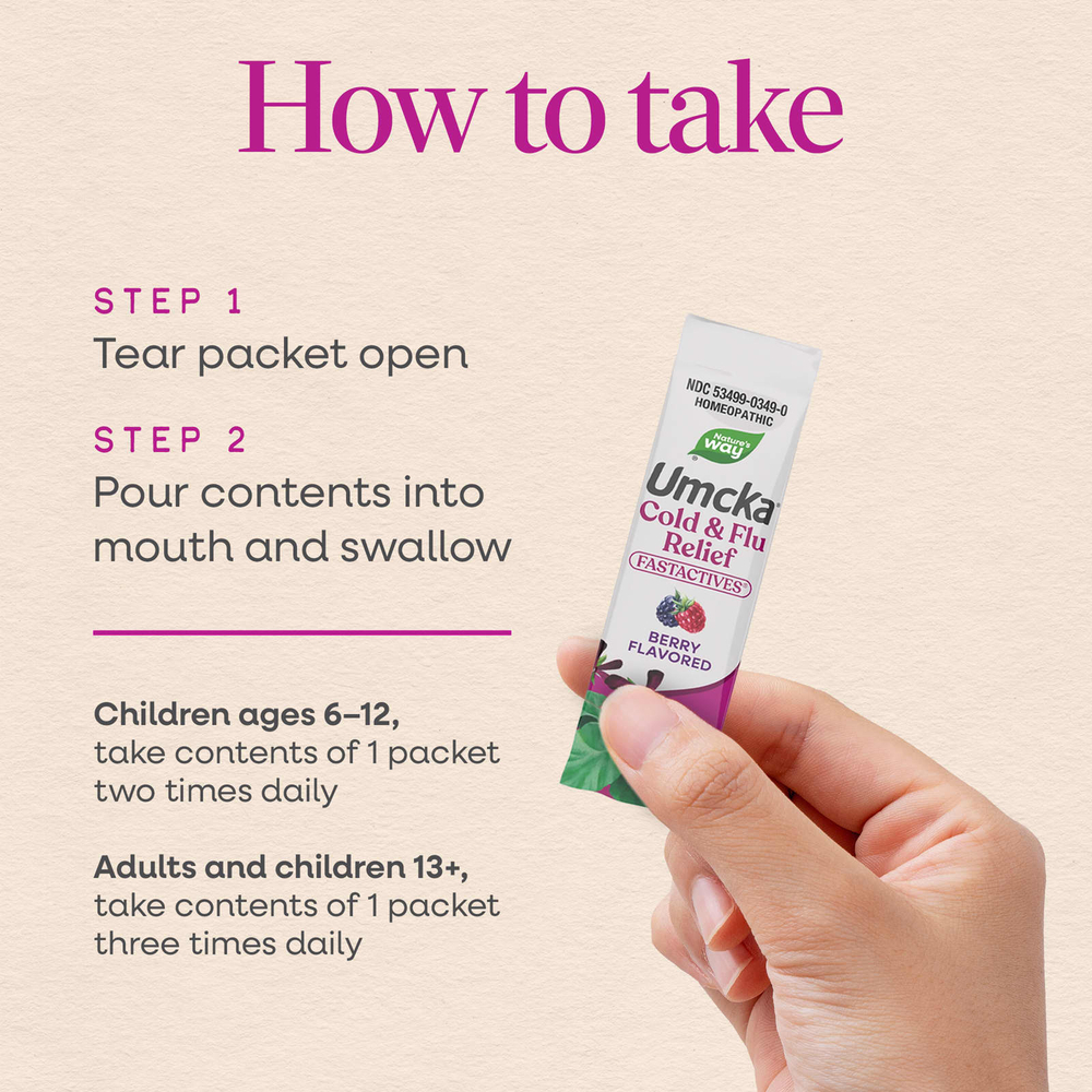 Nature's Way, Umcka®, Relief Fastactives®, простуда и грипп, пакетики с порошком, для детей от 6 лет, с ягодным вкусом, 10 пакетиков по 0,9 г (0,03 унции)