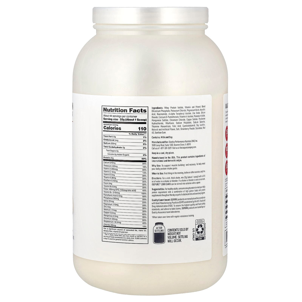 Isopure, протеиновый порошок без углеводов, со вкусом клубники со сливками, 1,4 кг (3,1 фунта)
