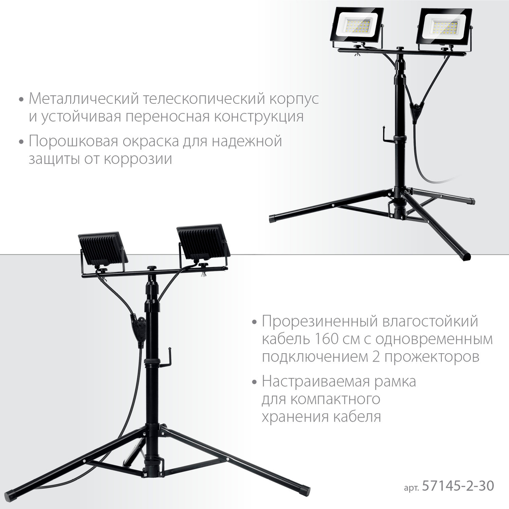 ЗУБР ПСК 30х2, 2 х 30 Вт, 6500 К, IP 65, 1.6 м, светодиодные прожекторы на штативе, Профессионал (57145-2-30)