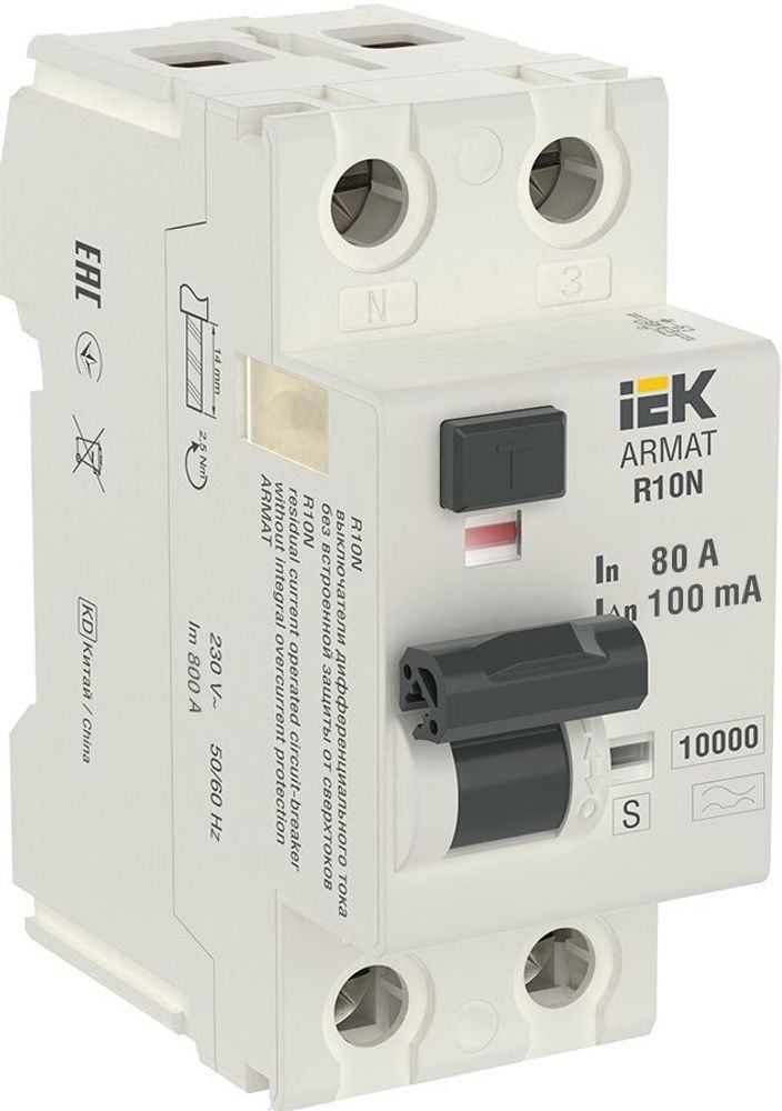Выключатель дифференциального тока УЗО R10N 2P 80А 100мА тип A-S ARMAT IEK
