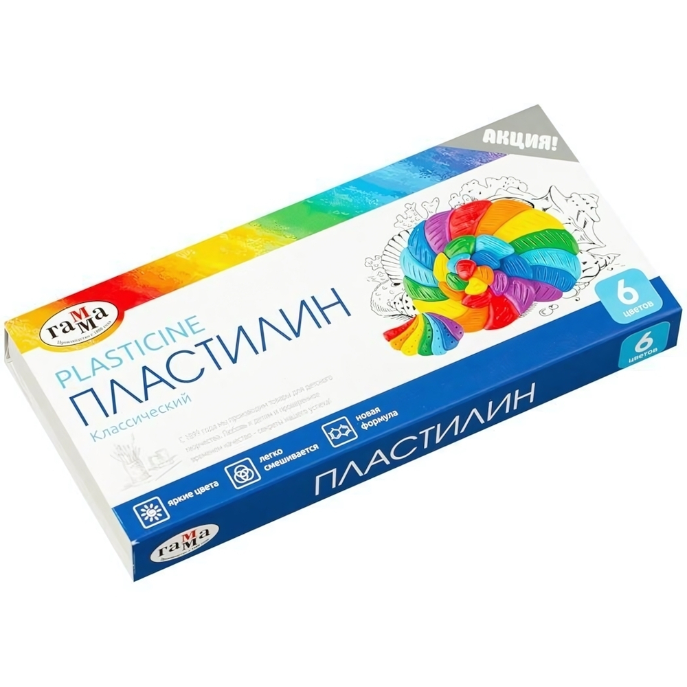 Пластилин "Классический" 6 цветов, 120 гр, со стеком (Гамма)