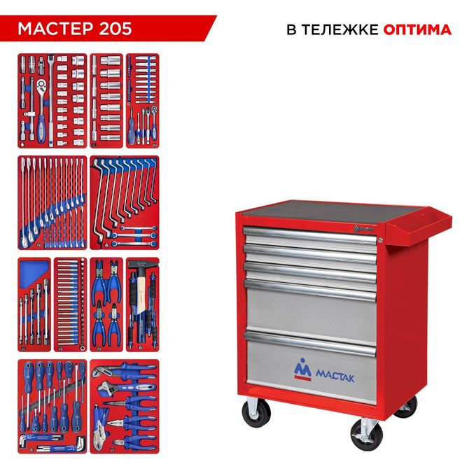 МАСТАК (52-05205R) Набор инструментов 205 предметов, "МАСТЕР 205", в красной тележке