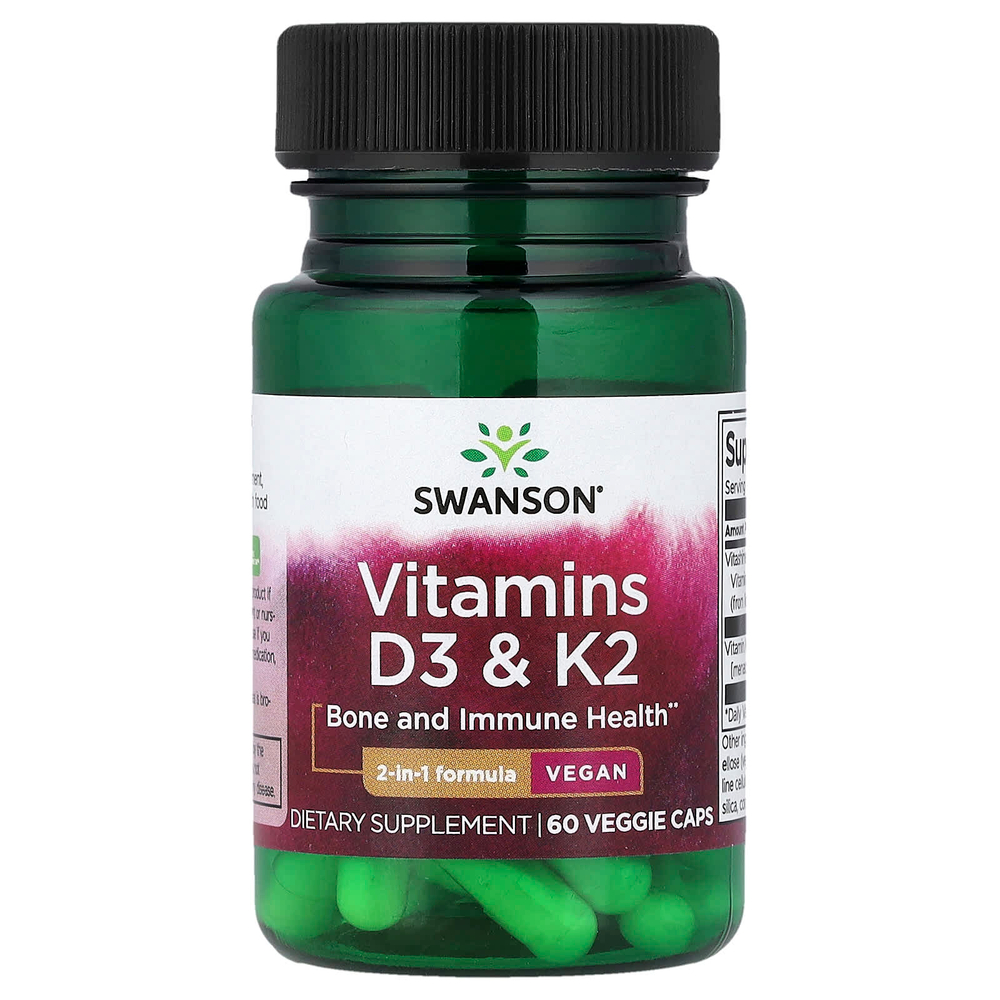 Swanson Vitamins, Витамины D3 и K2, 60 растительных капсул