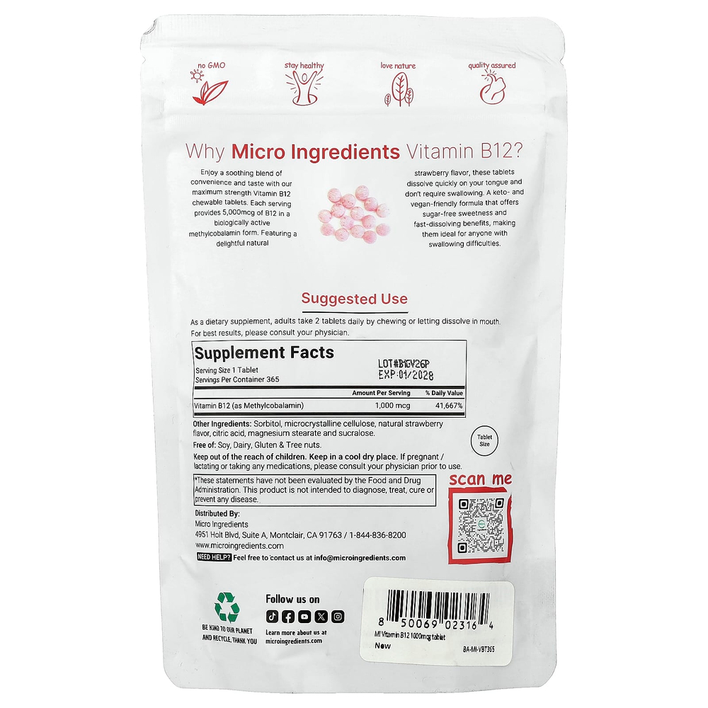 Micro Ingredients, витамин B12, натуральный клубничный вкус, 1000 мкг, 365 жевательных таблеток