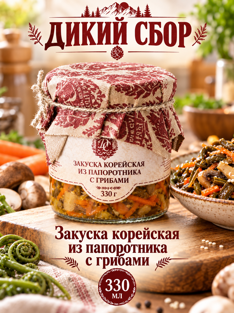Закуска корейская из папоротника с грибами 330мл стеклобанка ДИКИЙ СБОР Закуска корейская из папоротника с грибами 330мл стеклобанка ДИКИЙ СБОР