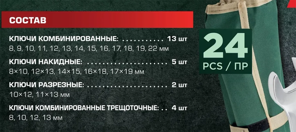 Набор ключей универсальный 24пр,комбинированные 13пр(8-22мм)накидные75гр(8х10-17х19мм)разрезные 2пр(10х12,11х13мм)трещоточные 4 пр(8-13мм) на полотне RockForce##Rock FORCE RF-5148R
