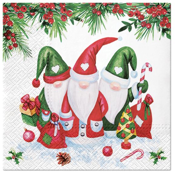 Салфетки для декупажа 3-слойные PAW Decor Collection, коллекция Lunch Рождественские гномы, 18.5 г/м², 33х33 см, 20 шт