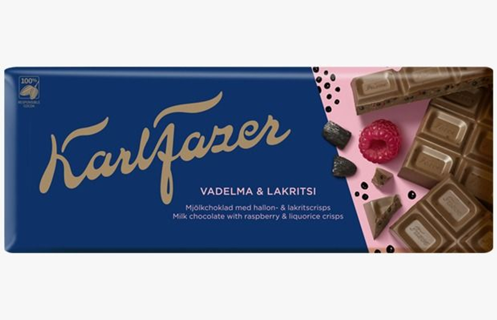 Шоколад Karl Fazer малина-лакрица молочный, 200 г (Финляндия)