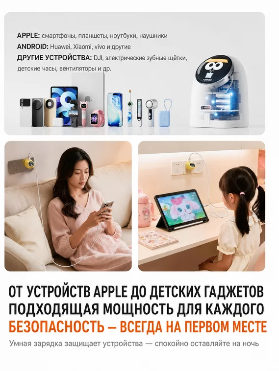 Комплект зарядное устройство и кабель TORRAS 60W с цветным анимированным экраном, USB-C, GaN, PD 3.2 AVS, черный (Cool Black)