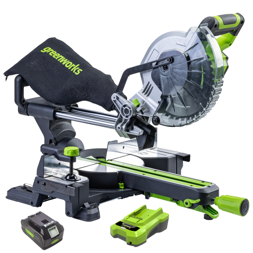 Торцовочная пила акк. Greenworks GD24MS216, 24V, б/щ, 4800 об/мин, 216x30мм,рез 65х310мм,c 1х5 АКБ Ач и быстрым ЗУ (1501707UG)