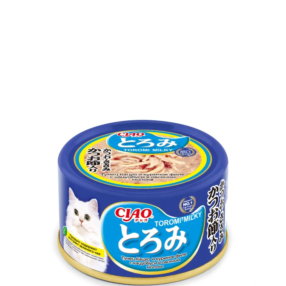 Inaba Ciao Toromi Milk Тунец Магуро/Куриное филе/Кацуобуси в овсяном молоке консервы для кошек 80 г