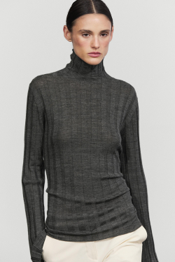 Massimo Dutti Трикотажный свитер в рубчик с воротником-стойкой, серый