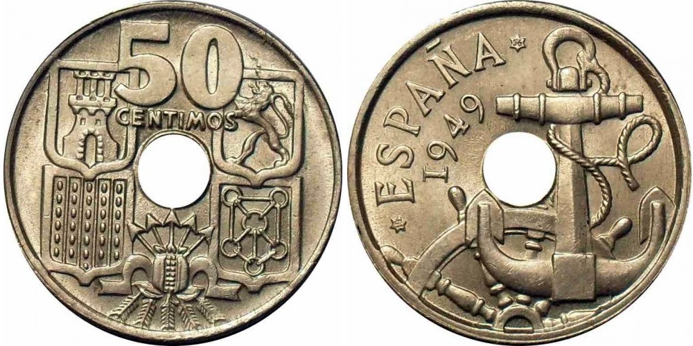 Испания 50 сентимо, 1949 - 1963 Якорь XF