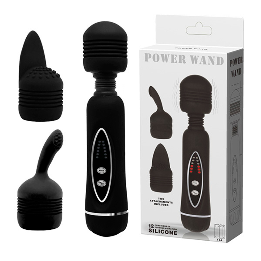 Черный вибромассажер 20,5см со сменными насадками Baile Power Wand BW-055002A