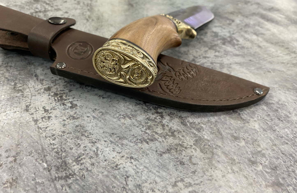 Нож Лорд, дамасская сталь, орех, литье мельхиор, с гравировкой Любимый Папа