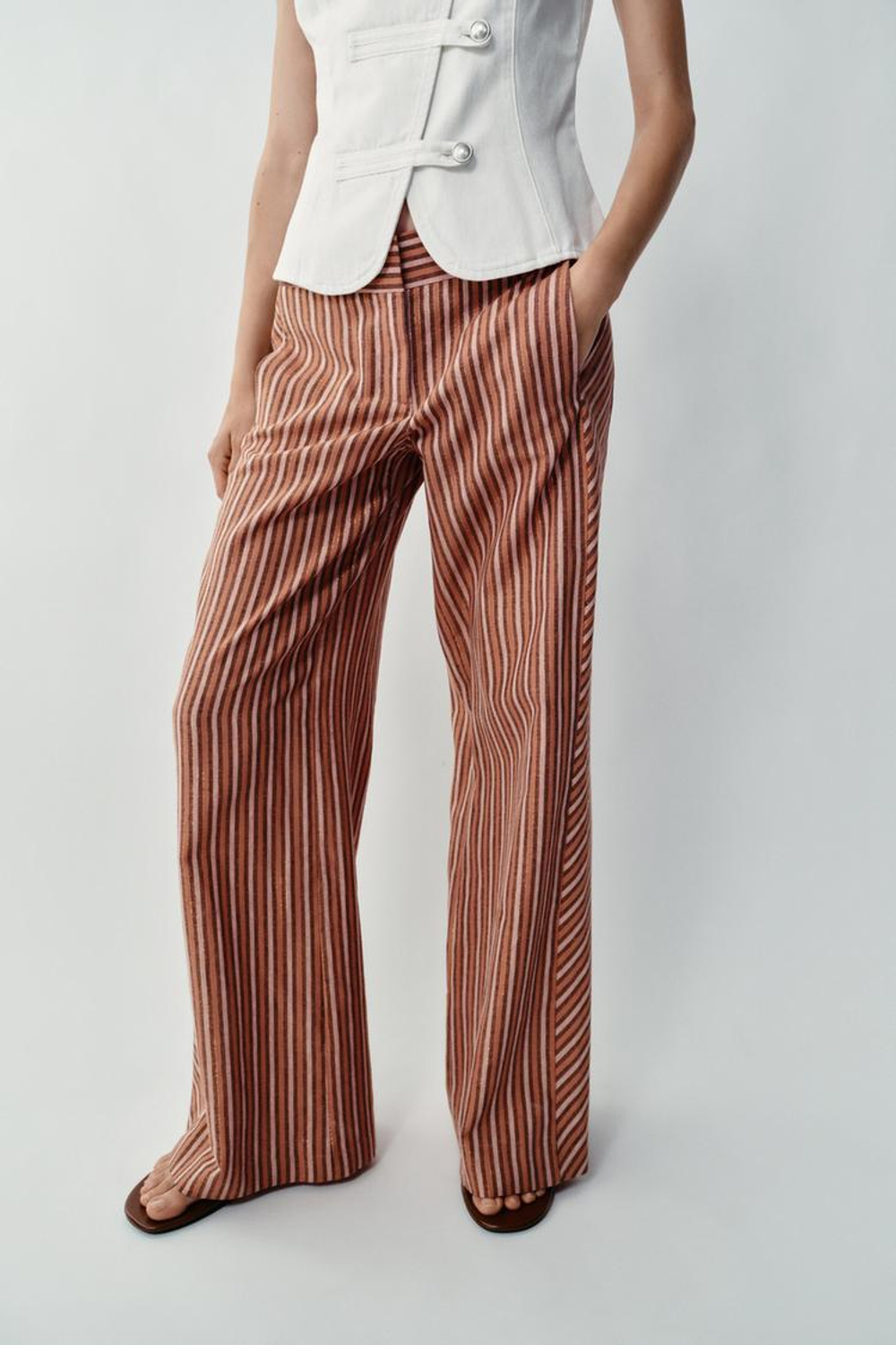 ZARA ШИРОКИЕ БРЮКИ В ПОЛОСКУ С МЕТАЛЛИЗИРОВАННОЙ НИТЬЮ, РАЗНОЦВЕТНЫЙ