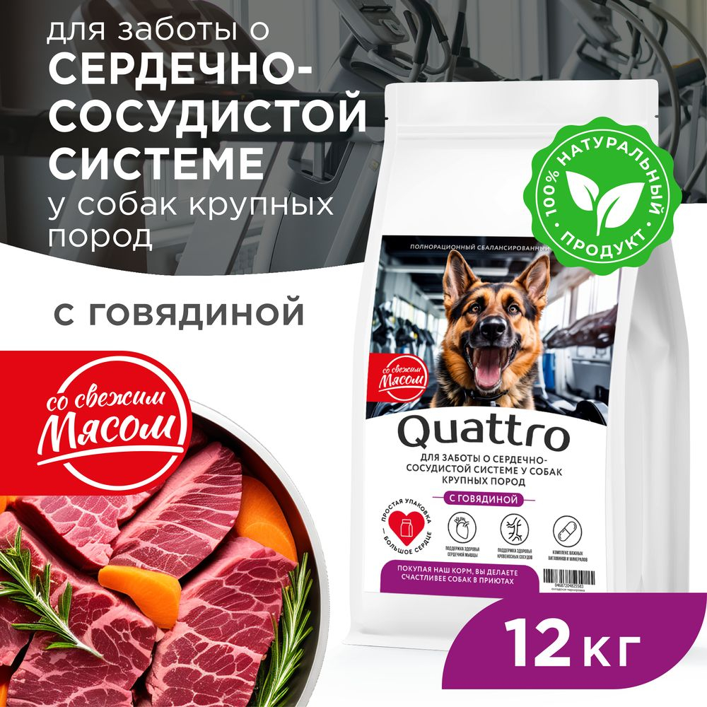 Корм сухой для взрослых собак крупных пород, премиум полнорационный комплекс, для заботы сердечно-сосудистой системы, с говядиной, 12 кг, QUATTRO