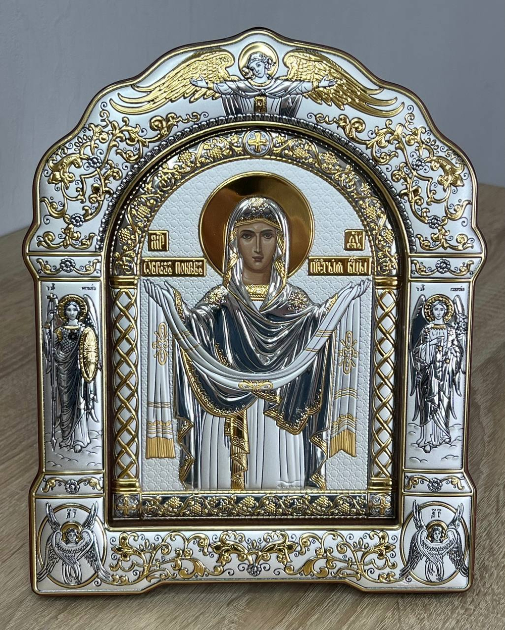 Покрова БМ, икона арочная с рамкой под стеклом, красное дерево 266х335