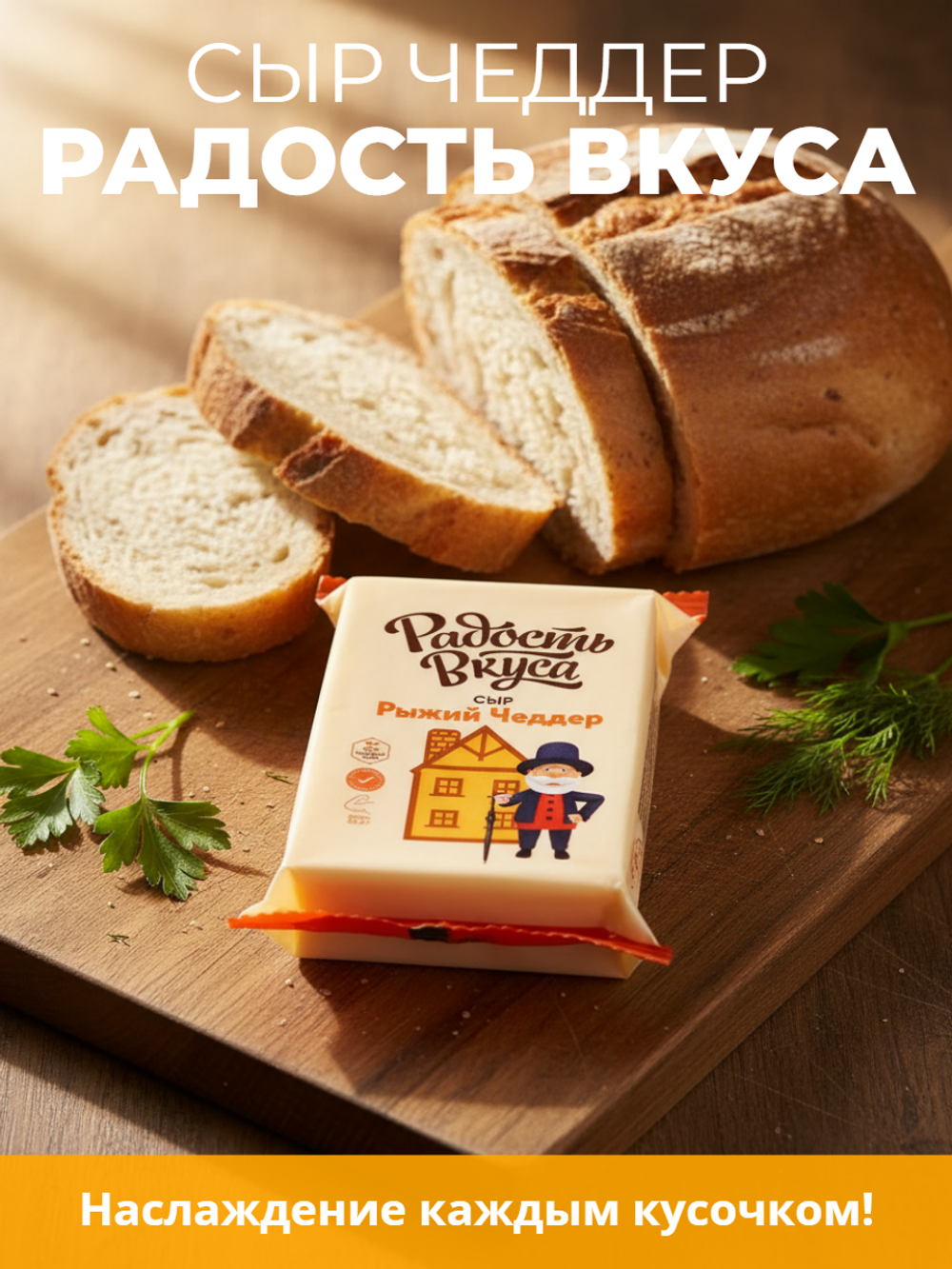 Сыр полутвердый Чеддер рыжий фасов. жир. 45% "Радость Вкуса" 180 гр