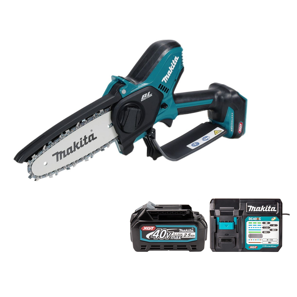 СУПЕР ЦЕНЫ! КОМПЛЕКТ Аккумуляторная цепная пила - сучкорез Makita XGT 150 с Аккумулятором BL4025 2.5 Ач и зарядным устройством DC40RС 40В , 40v MAX, 0,59 кВт, 6"/15 см, 0,325", 1,1 мм, 8 м/с, BL, XPT в кейсе UC029GD102