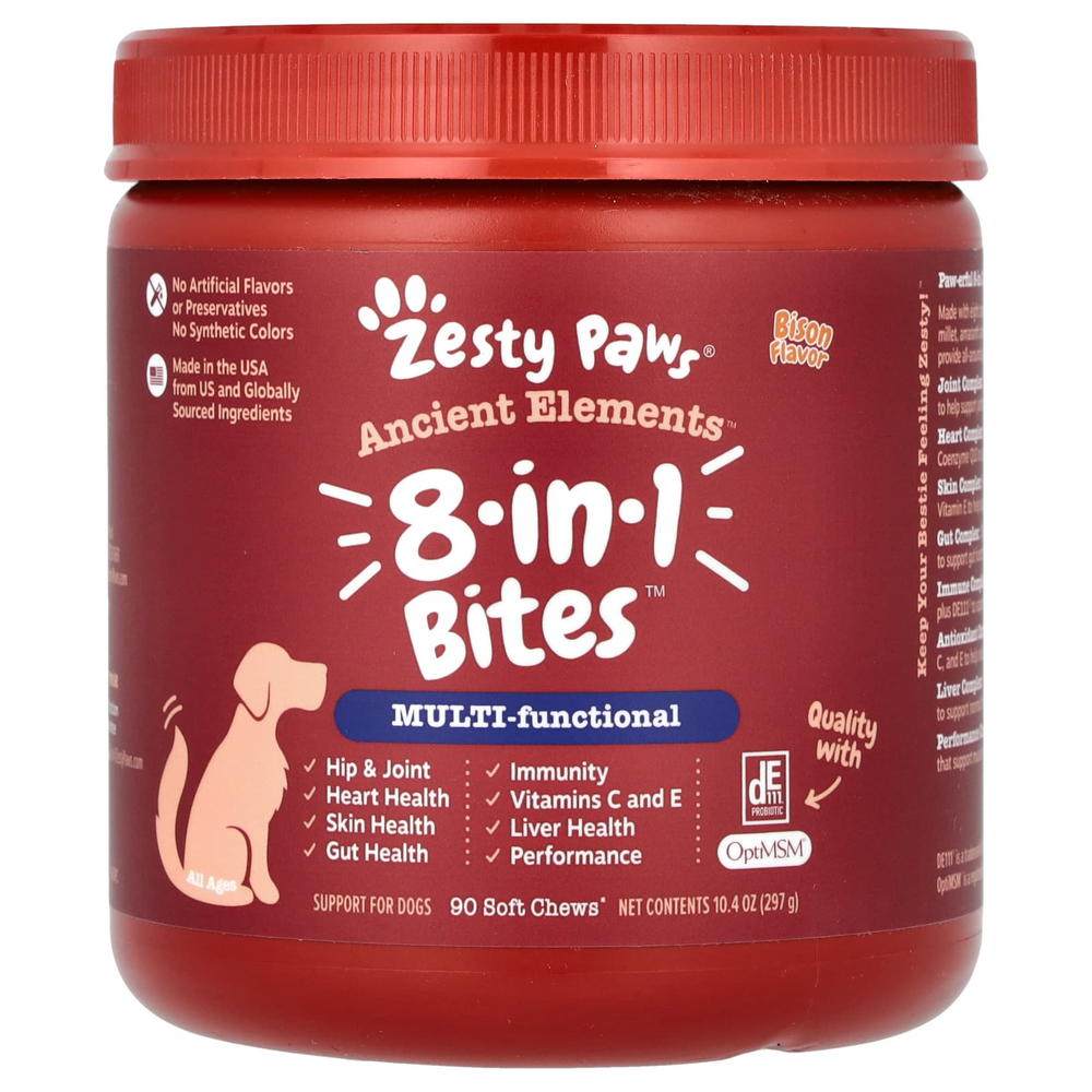 Zesty Paws, Ancient Elements, укусы 8-в-1, для собак, для всех возрастов, зубры, 90 жевательных таблеток, 297 г (10,4 унции)