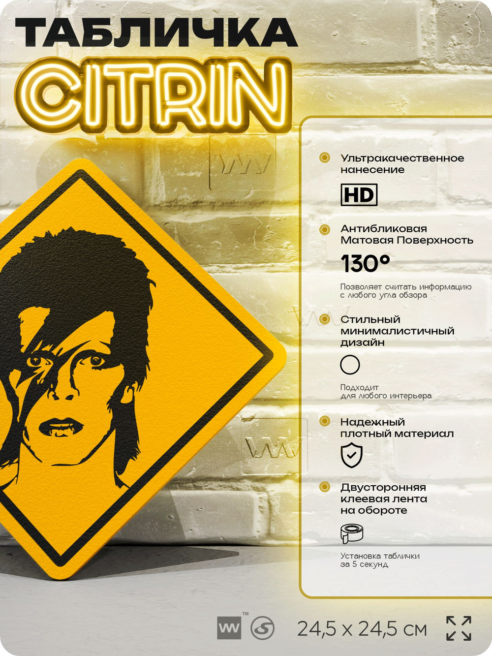 Табличка декоративная "Дэвид Боуи, David Bowie" на дверь и стену, прикольная штука в подарок, декоративный знак, 24,5х24,5 см, пластиковая, Айдентика Технолоджи