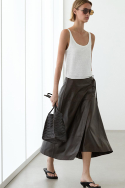 Massimo Dutti Юбка-миди из кожи наппа с завязками, коричневый