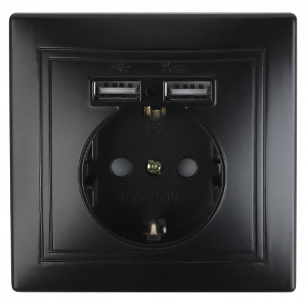 Розетка Intro Plano 1-410-05 с заземлением 2P+E Schuko со шторками 16А-250В + 2хUSB 5В-2 1А IP20 СУ антрацит | Intro