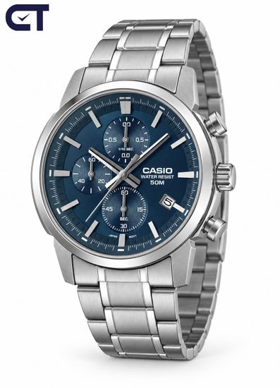 CASIO MTP-E510D-2A2 CASIO Collection мужские наручные часы — синий циферблат, хронограф 1/10 секунды и стальной браслет