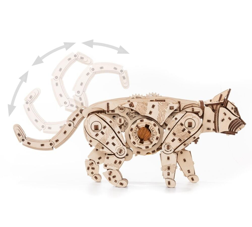 Механический Кот от Eco Wood Art (EWA) - Деревянный конструктор, сборная механическая модель, 3D Пазл