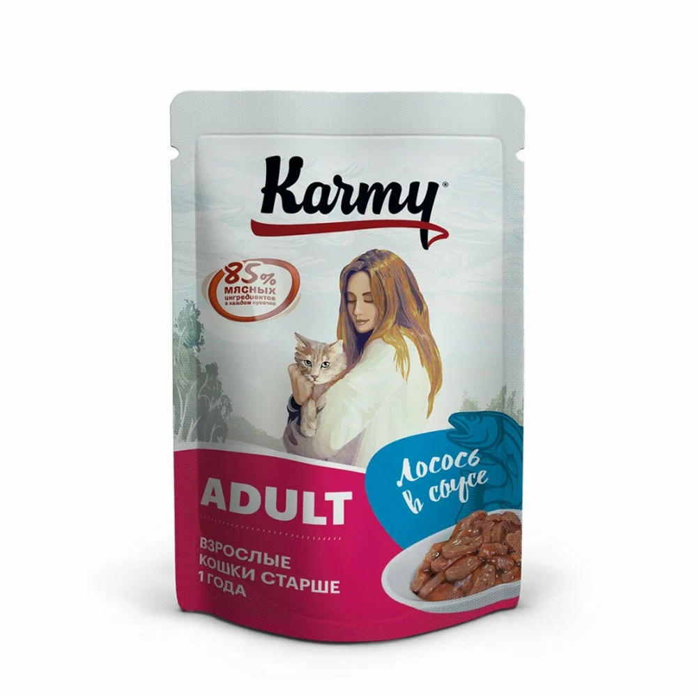 КАРМИ влажный корм для кошек, старше 1 года, лосось в соусе 80гр. блок 12шт., КАРМИ