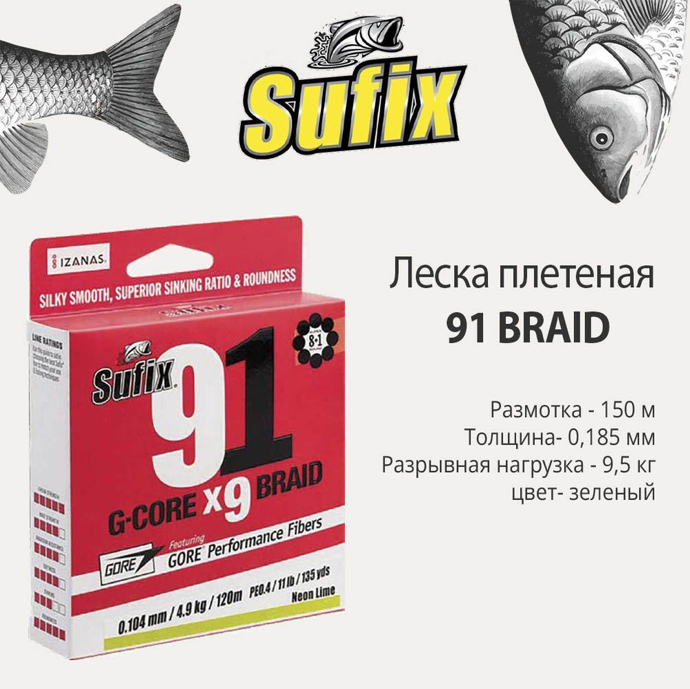 Леска плетеная 91 BRAID зеленый 150 м 0.104 мм 4,9 кг