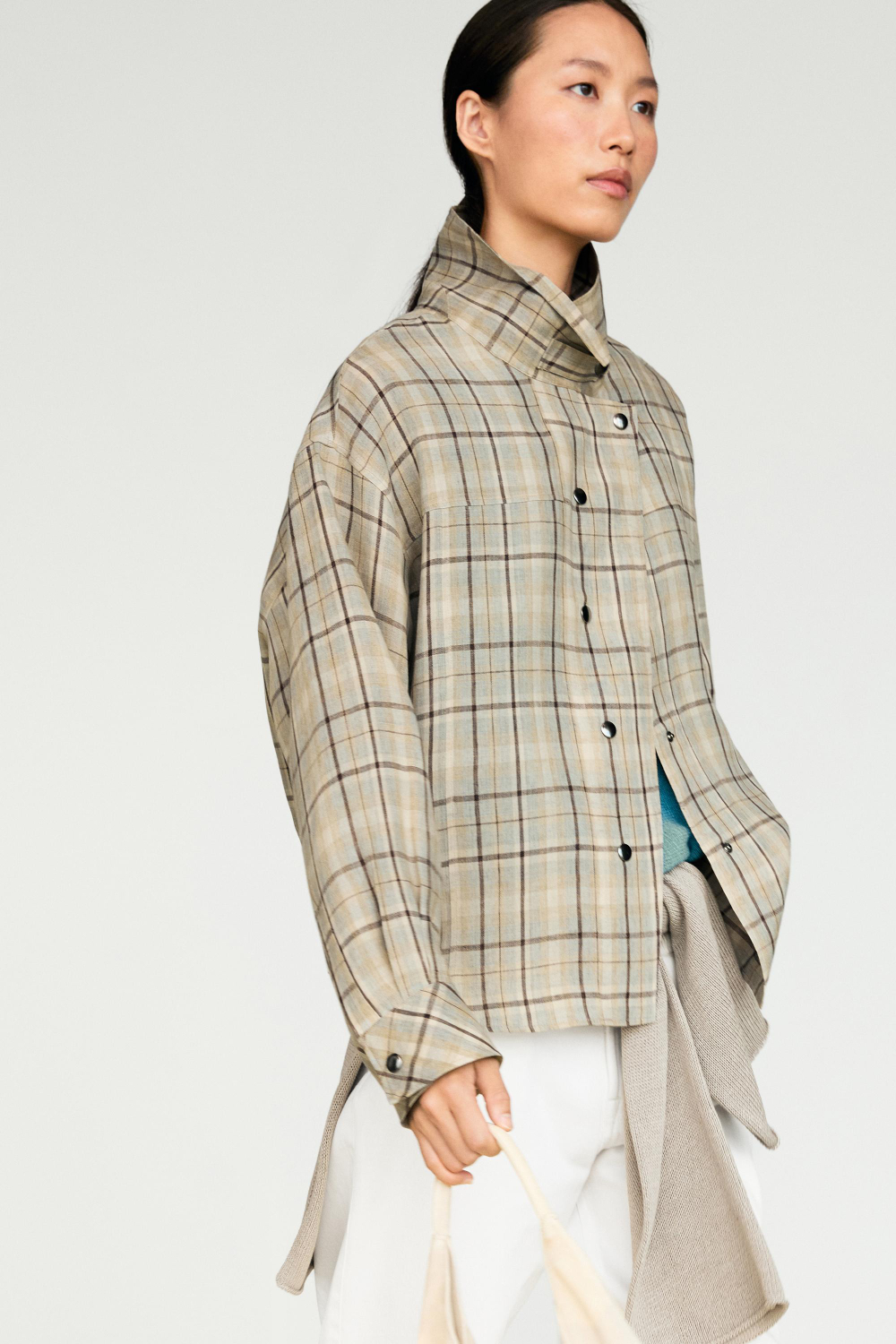 Massimo Dutti Рубашка в клетку из 100% льна на кнопках, светло-голубой