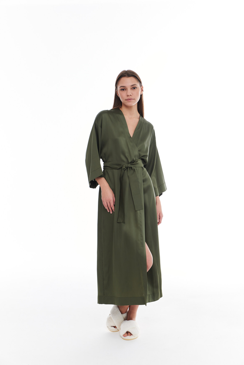 Халат из тенселя олива макси, размеры: S,M,L,XL