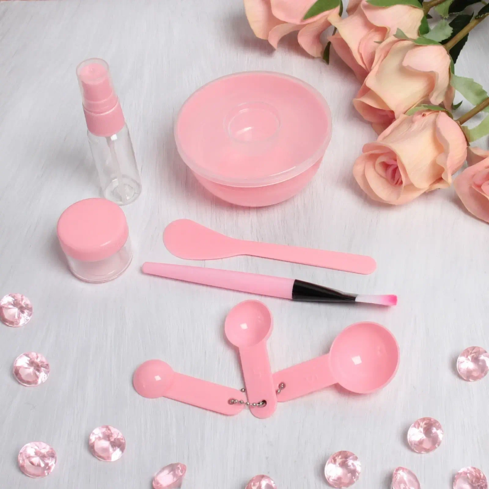 Набор косметический «Beauty professional», цвет розовый и мятный, три мерных ложки, чаша, кисть, лопатка, баночка и дозатор, 18,5*18,5*4,5