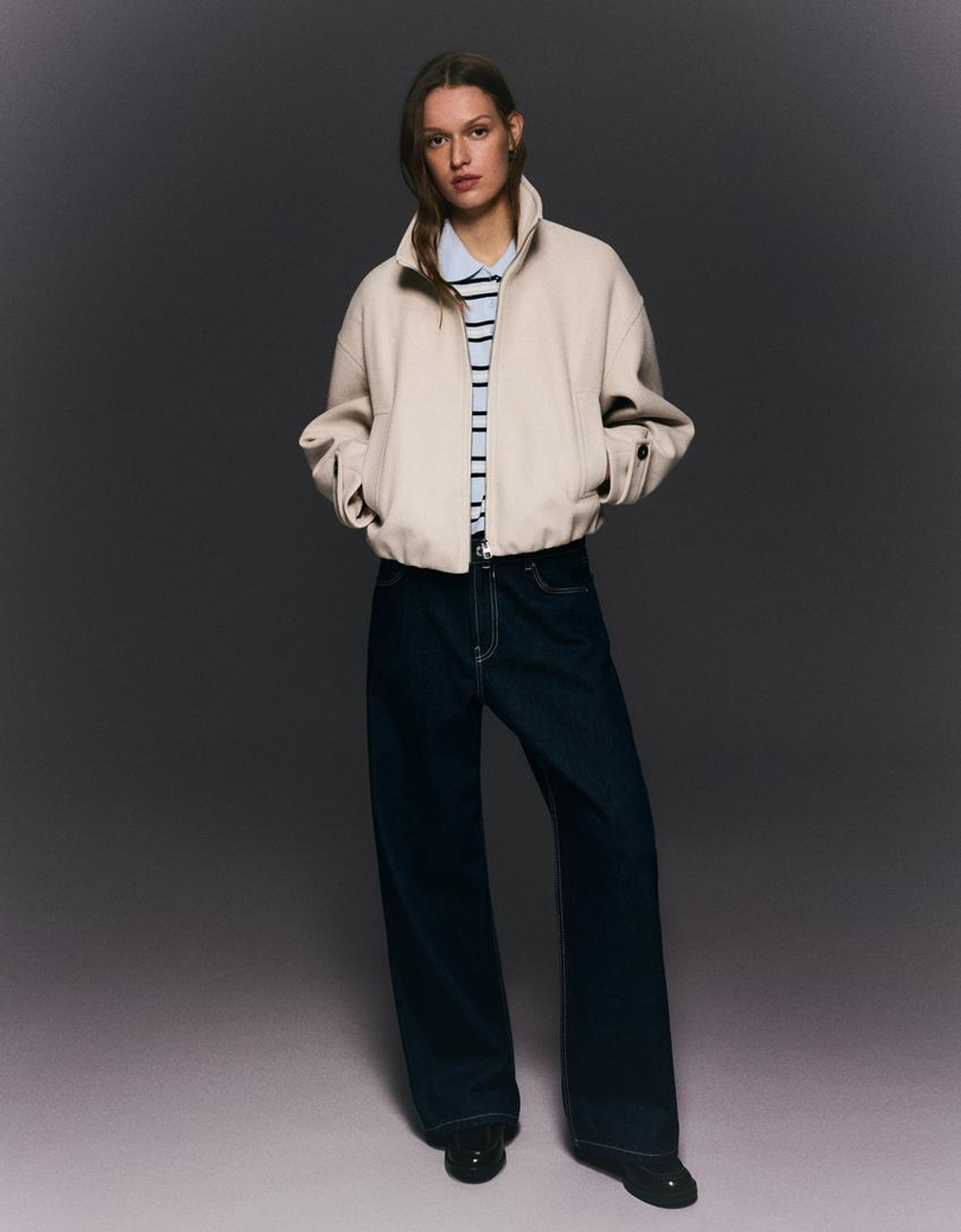 BERSHKA Мягкая куртка на молнии, экрю