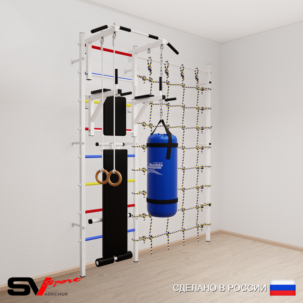 Шведская стенка Sv Sport 58110 (Турник стандарт/Брусья/Скамья/Кольца/Цепь/Мешок 15кг/Канатный лаз)