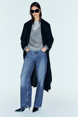 ZARA ДЛИННОЕ ШЕРСТЯНОЕ ПАЛЬТО С ПОЯСОМ, ЧЕРНЫЙ